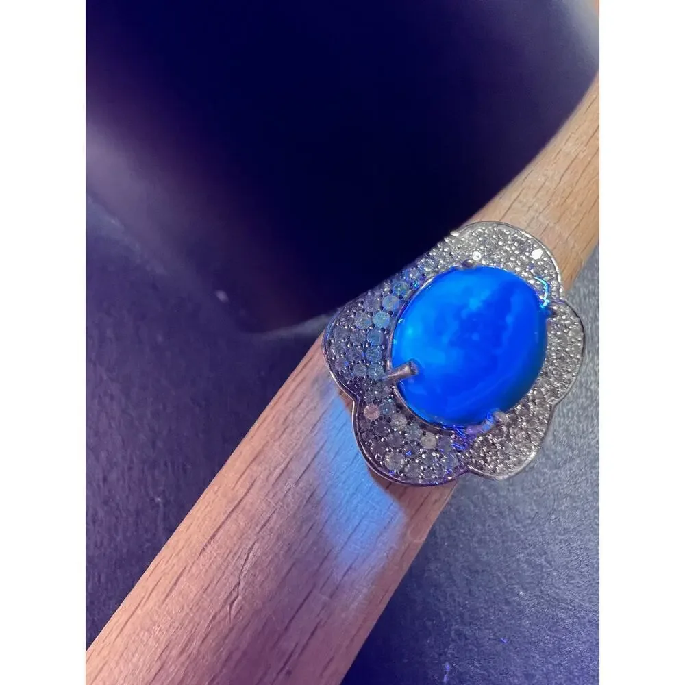 NEW Ceruleite and zircon blossom ring in rhodium over sterling silver size 8
